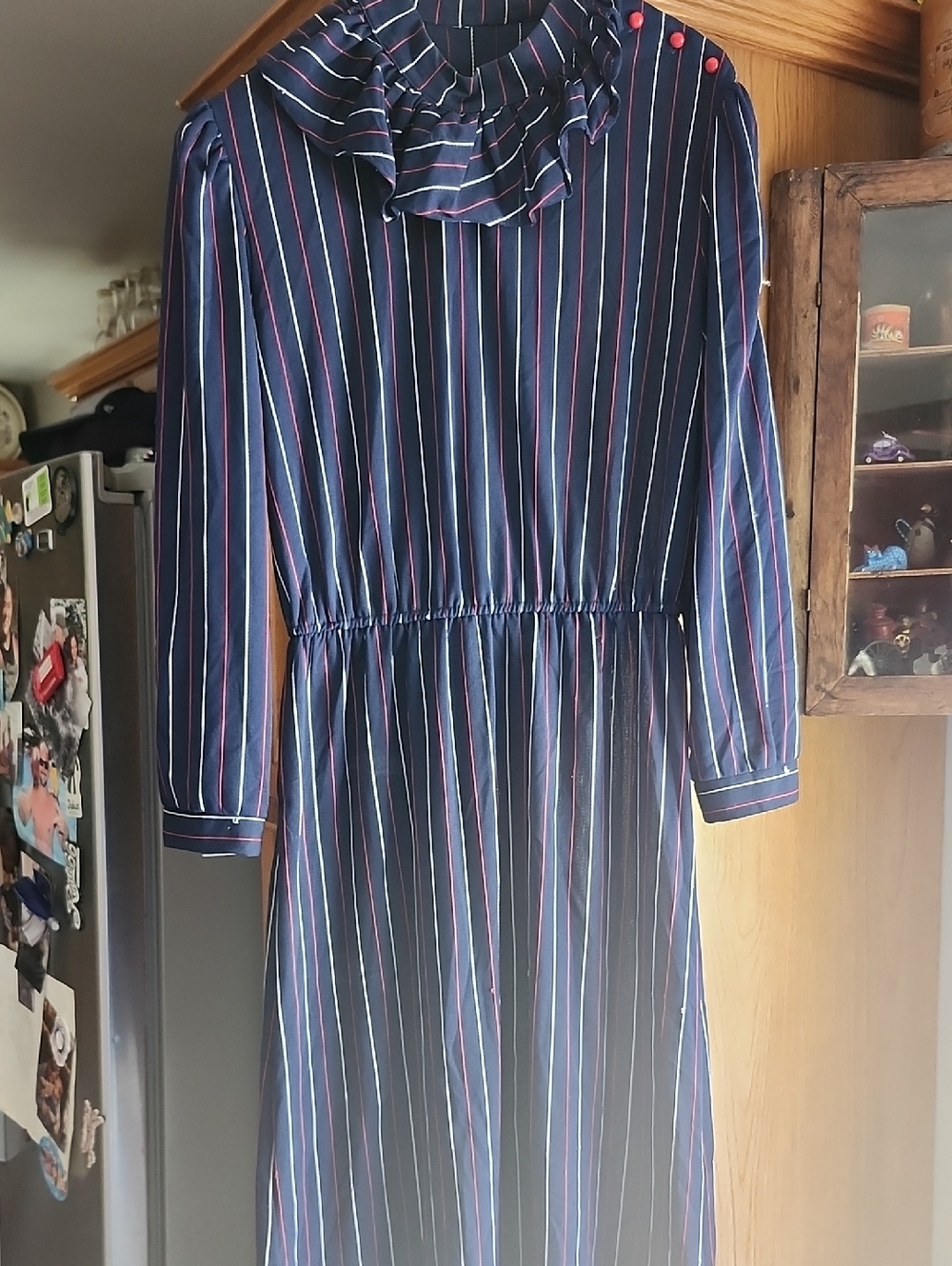 Vintage 70's Navy Stripe Ruffle Collar Midi Dress